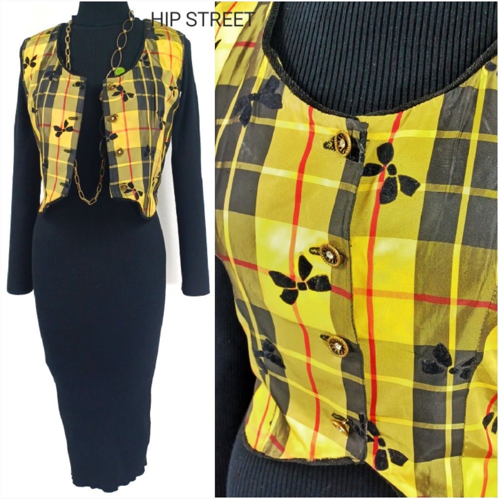 Plaid Vest Flocked Bow Yellow Taffeta Button Front M